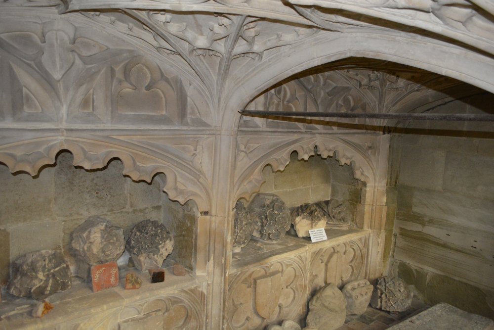 sunken chapel on the north side has a beautiful miniature fan-vaulted ceiling Great Malvern Priory Church Worcestershire England