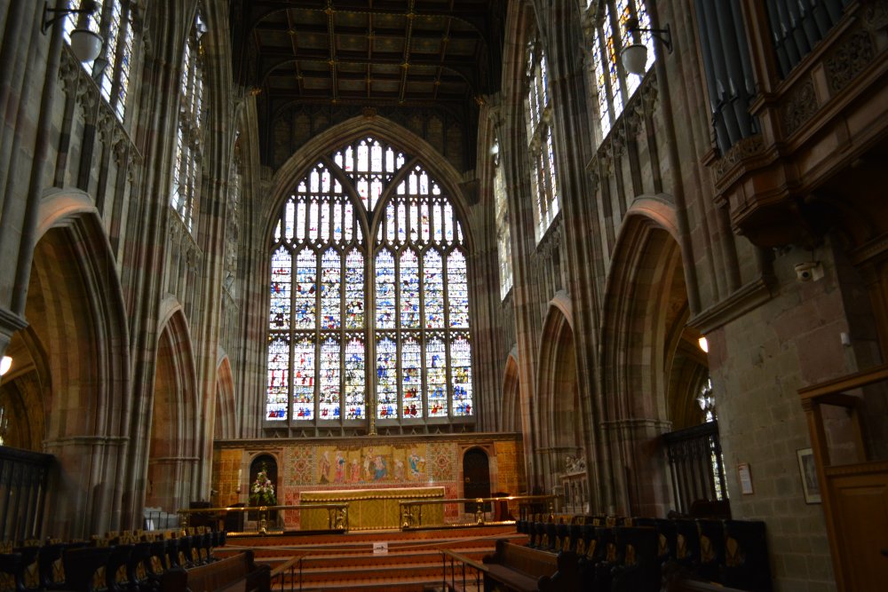Sanctuary and Great East Window of Great Malvern Priory Church Worcestershire England