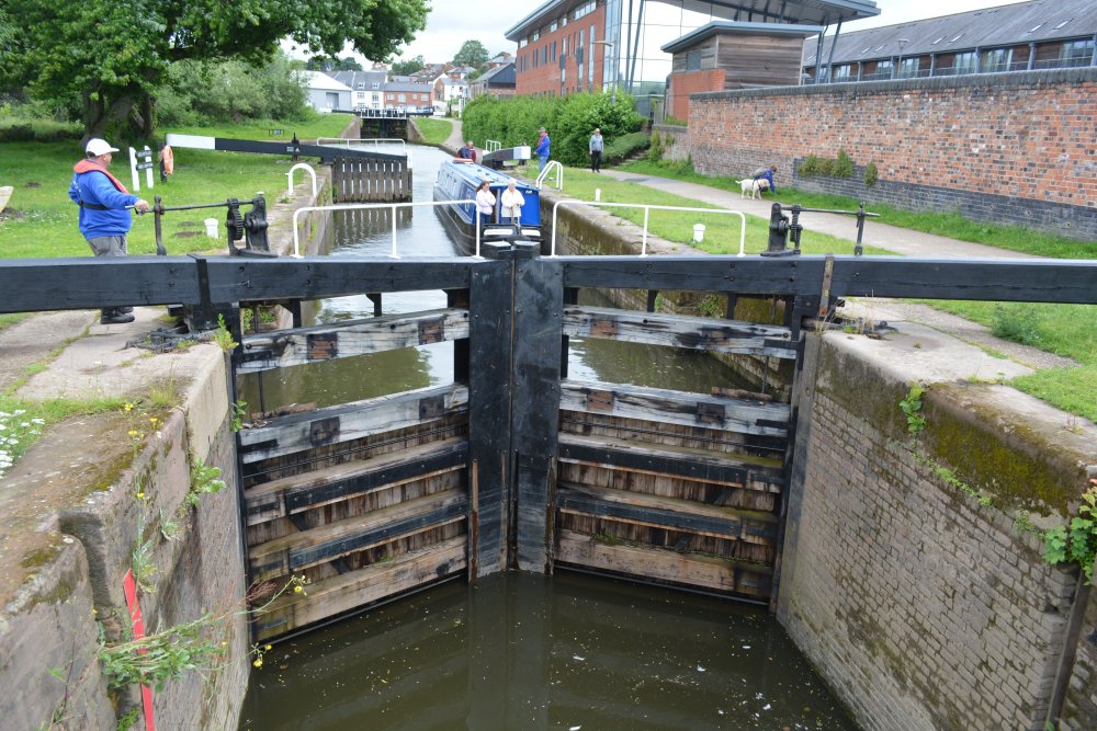 Diglis Lock, the last lock on the Birmingham Worcester Canal. River Severn Worcester England
