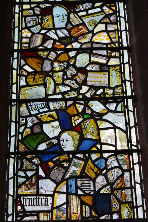 Surviving fragments of the medieval Godiva stained glass window in Holy Trinity Parish Church City of Coventry