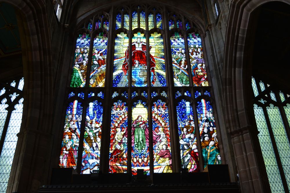 stained glass window panels of Great West Window of Holy Trinity Parish Church City of Coventry