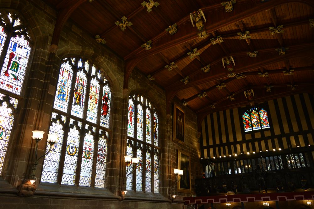 stained glass window panels viewed from the Gallery of the Great Hall of St Mary's Guildhall Coventry