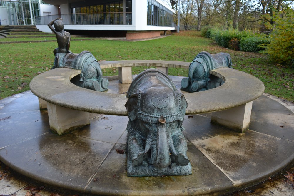 elephant circle seat sculpture a seated boy Jephson Gardens Leamington Spa