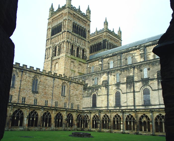 The towers of Durham Cathedral viewed from the cloisters.