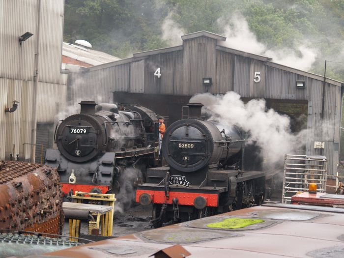 BR standard 2-6-0 76079 and Ex S&D  2-8-0 53809 being prepared at Grosmont locomotive depot (shed) at the start of the North Yorkshire Moors Railway 2010 Autumn Steam Gala.