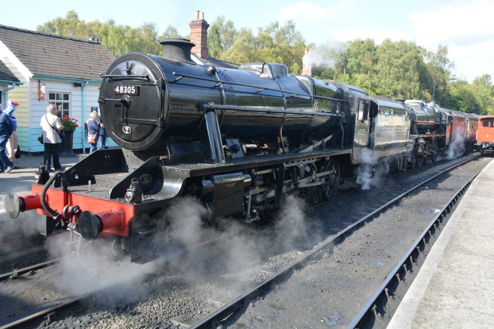 Double heading with LMS 5428 at Grosmont, Stanier 8F 2-8-0 freight locomotive BR 48305, (NYMR Steam Gala September 2021)