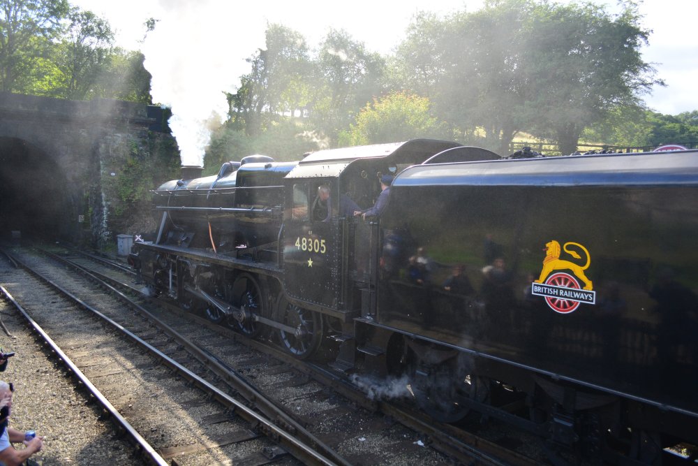 Entering Grosmont tunnel, Stanier 8F 2-8-0 freight locomotive BR 48305, (NYMR Steam Gala September 2021)