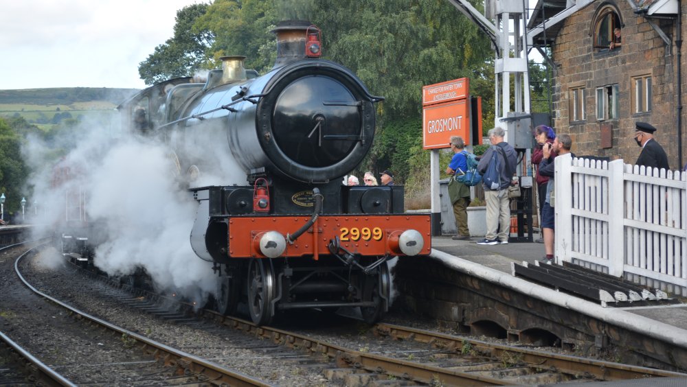 Departing from Grosmont with a demonstration freight train, 2999 LADY of LEGEND 2900 Class Saint 4-6-0 GWR steam locomotive