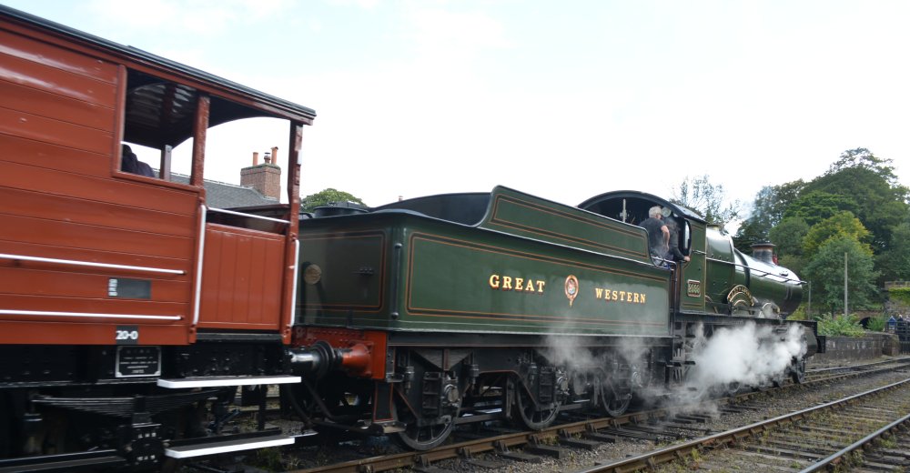 Freight train leaving Grosmont station, 2999 LADY of LEGEND 2900 Class Saint 4-6-0 GWR steam locomotive