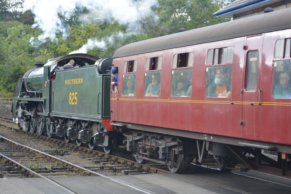 Back in service with its smoke deflectors SR Class S15 4-6-0 825 (BR 30825) leaves Grosmont for Pickering, (NYMR Steam Gala September 2021)