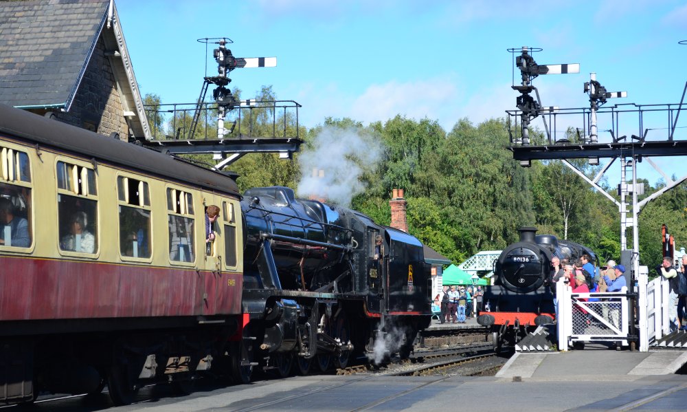 Passing 80136 at Grosmont station, Stanier 8F 2-8-0 freight locomotive BR 48305, (NYMR Steam Gala September 2021)