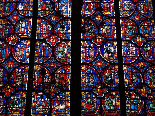 A section of one of the fifteen amazing famous stained glass windows of Sainte-Chapelle.