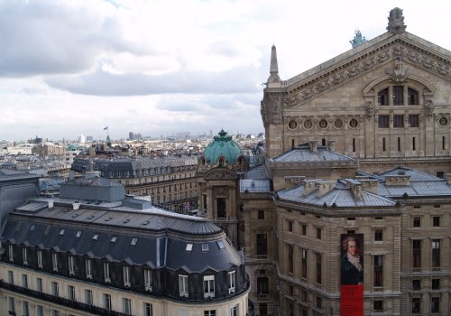 The 'back' of the Paris Opera and the many surrounding elegant buildings seen from the roof of Galeries Lafayette.
