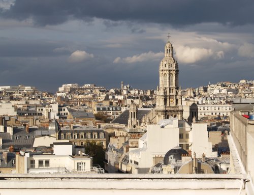 The strikingly white building on the Paris skyline viewed from the roof.