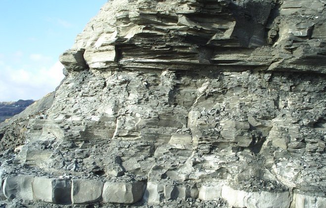 16. Jurassic fossil bearing sedimentary rock cliffs at Charmouth, south-west Dorset, England