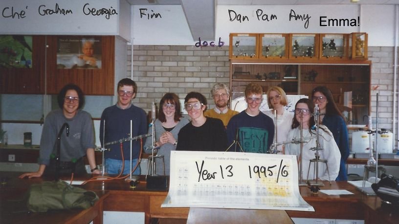 A-level chemistry class Whitby Community College, North Yorkshire, England, 1995-1996 A-level Salters Chemistry Claas, Che, Graham, Georgia, Finn, docb, Dan, Pam, Amy, Emma?