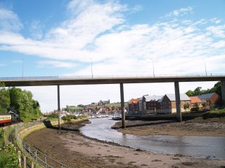 view of Whitby coming in or out alongside the River Esk, Whitby Town, North Yorkshire, England