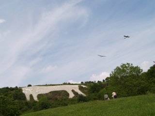 The White Horse of Kilburn and a glider being towed into the air, North Yorkshire, Northern England