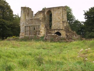 The ruins of Mulgrave Castle above Sandsend, on the coast near Whitby, North Yorkshire