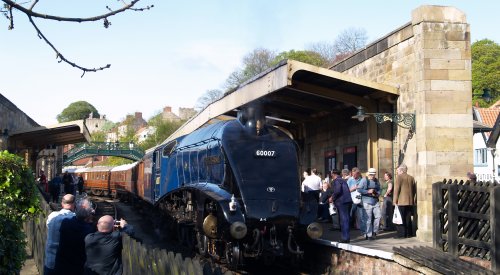 Sir Nigel Gresley reaches its destination, the '1937' restored Pickering Station.