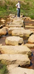 Wheeldale Beck is crossed by stepping stones, whose orange-brown colouration betrays the iron in the stones.