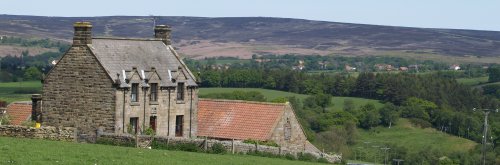 ... and Hollin farmhouse with the village of Goathland in the distance.