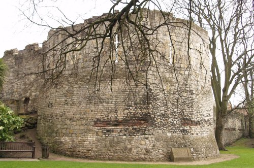 The Multangular tower in the Museum Gardens. The tower formed the north-west corner of the Roman legionary fortress of Eboracum. It was built about 300AD on the site of an older and simpler tower. The upper 'larger' stonework is medieval.