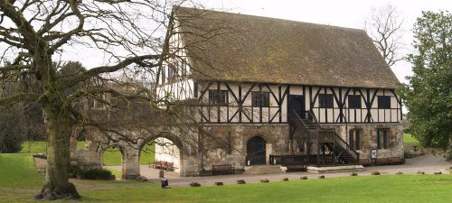 The 16th century Hospitium 'guest house' of St Mary's Abbey. The building has a stone base and a framed timbered upper structure.
