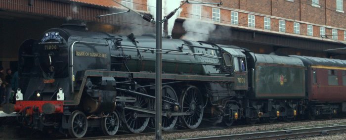 The 4-6-2 pacific locomotive 71000 Duke of Gloucester on a run from London, Kings Cross Station.