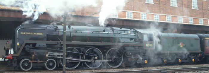 The 4-6-2 pacific locomotive 71000 Duke of Gloucester on a run from London, Kings Cross Station.