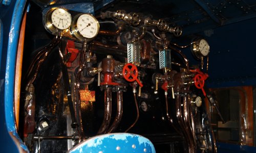 The gleaming controls and gauges in the cab of the famous 