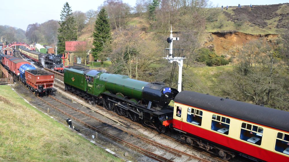 BR standard class 4MT 2-6-0steam locomotive 76079 waiting and then leaving Goathland station with a train for Pickering on the NYMR in March 2016 passing the Flying Scotsman week!).