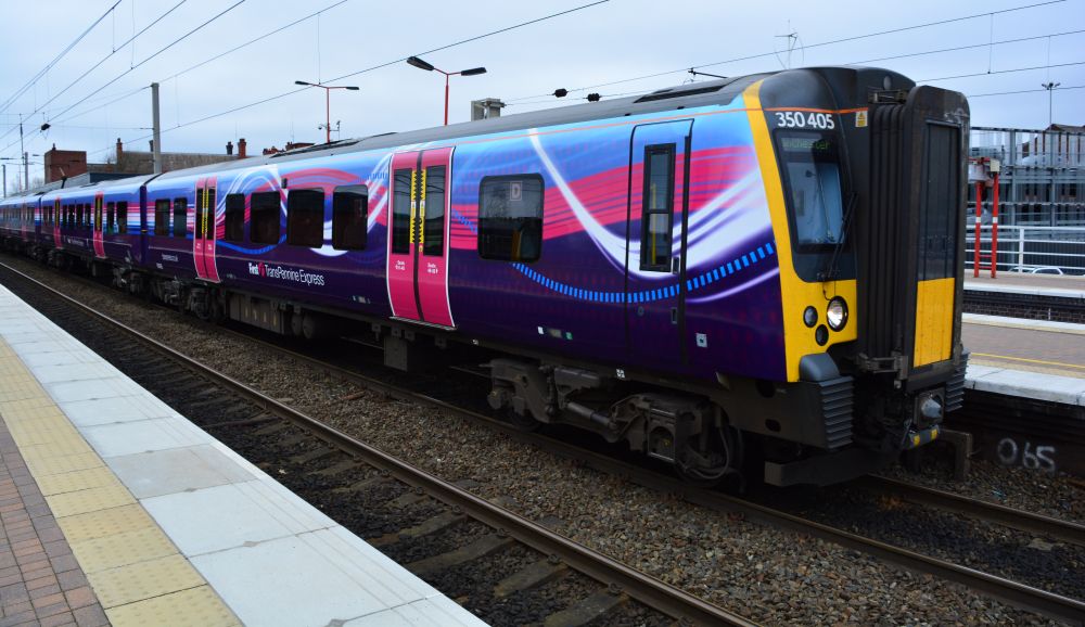 trainspotting at Wigan North Western Station Class 350 TransPennine service from Glasgow Central to Manchester Airport, waiting in platform 4, Wigan North Western station.