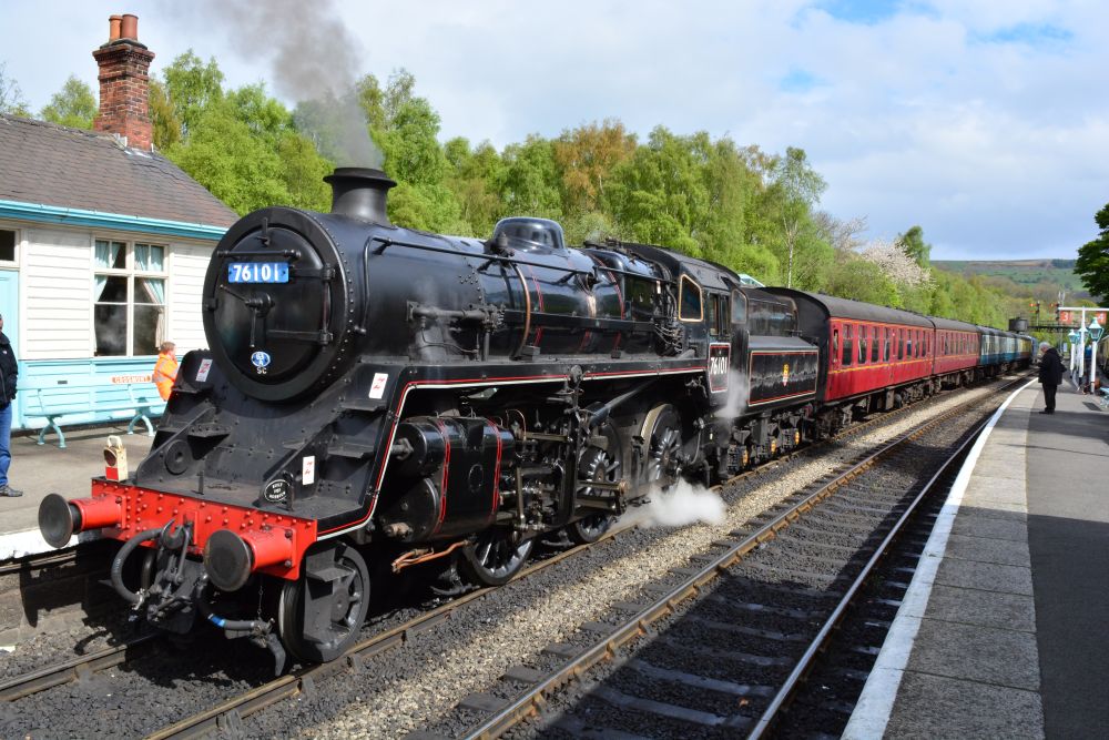 Class 5MT 76079 as steam locomotive 76101 waiting at Grosmont station with an NYMR train for Pickering.