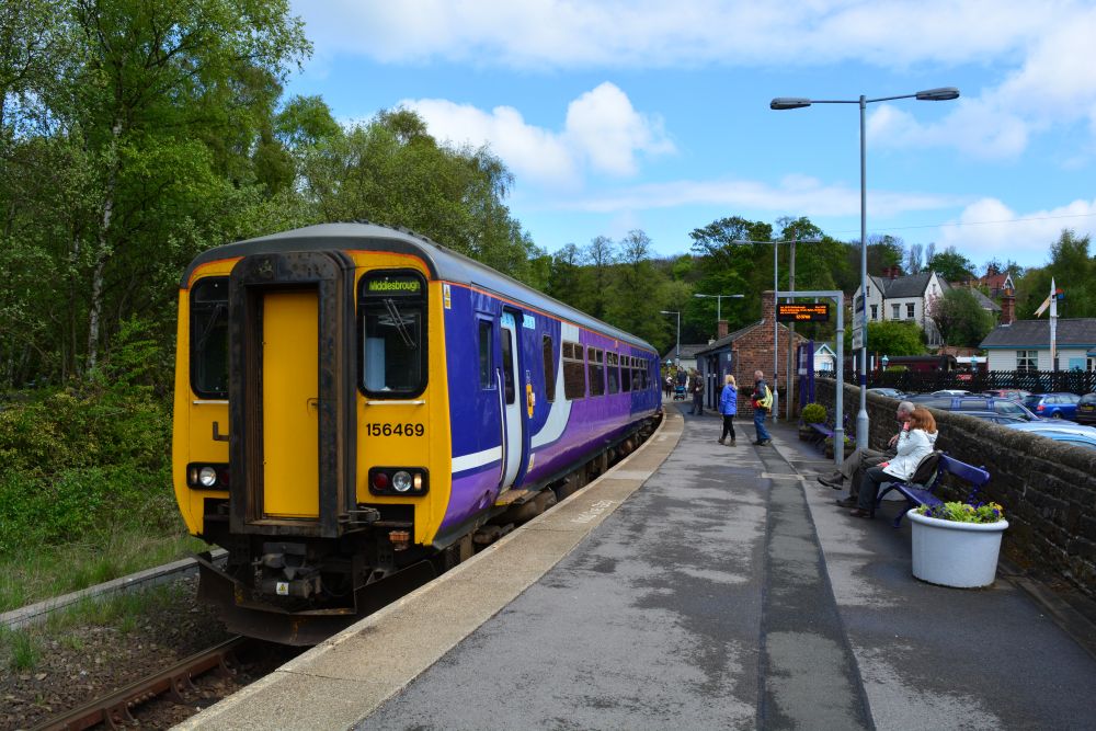 Class 156 DMU 3-car unit 156469 stopping at Grosmont station with a Northern Rail Whitby to Middlesbrough service on the wonderfully scenic Esk Valley Line