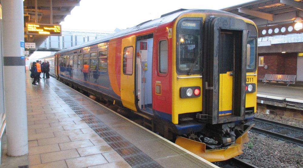 Single car East Midlands Super Sprinter Class 156 DMU 156311 at Derby station with a service for Crewe (18/01/17)