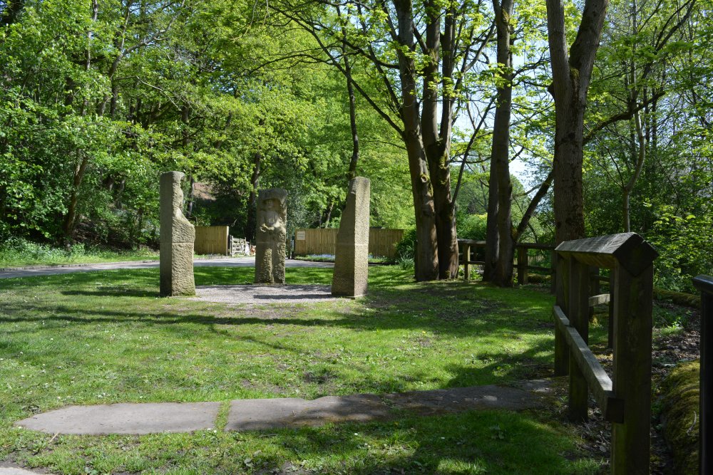 Pillars Past art project by Joseph Hayton erected on the site of LNER turntable Pateley Bridge circular walk via Glasshouses & River Nidd