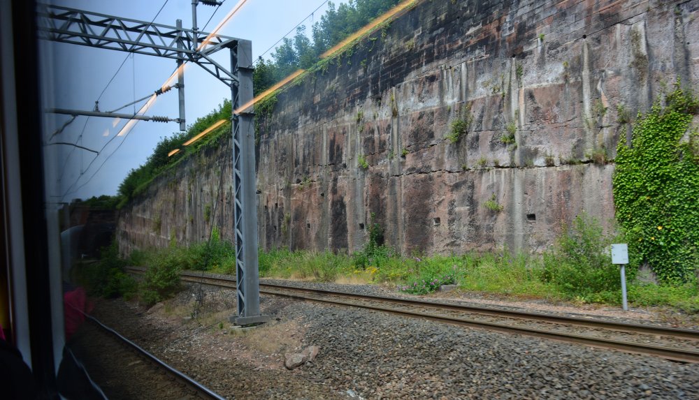 The railway near Edge Hill Liverpool showing more the sandstone that was cut through in Victorian times!