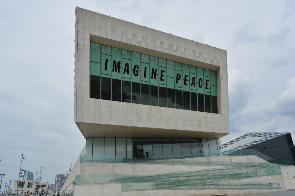 IMAGINE PEACE on the side of the Museum of Liverpool, Pierhead waterfront