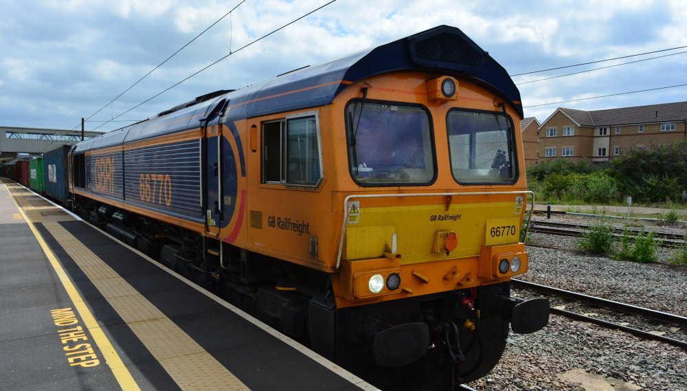 trainspotting Peterborough station GBRF hauled intermodal freight train