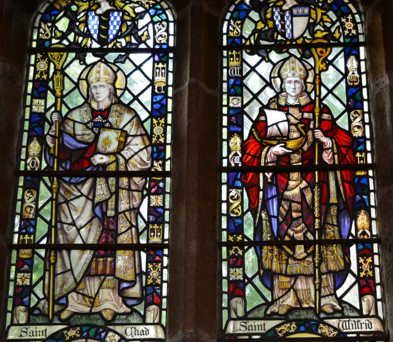 St Chad and St Wilfrid stained glass window panels St Michael's Church, Kirkby Malham, North Yorkshire