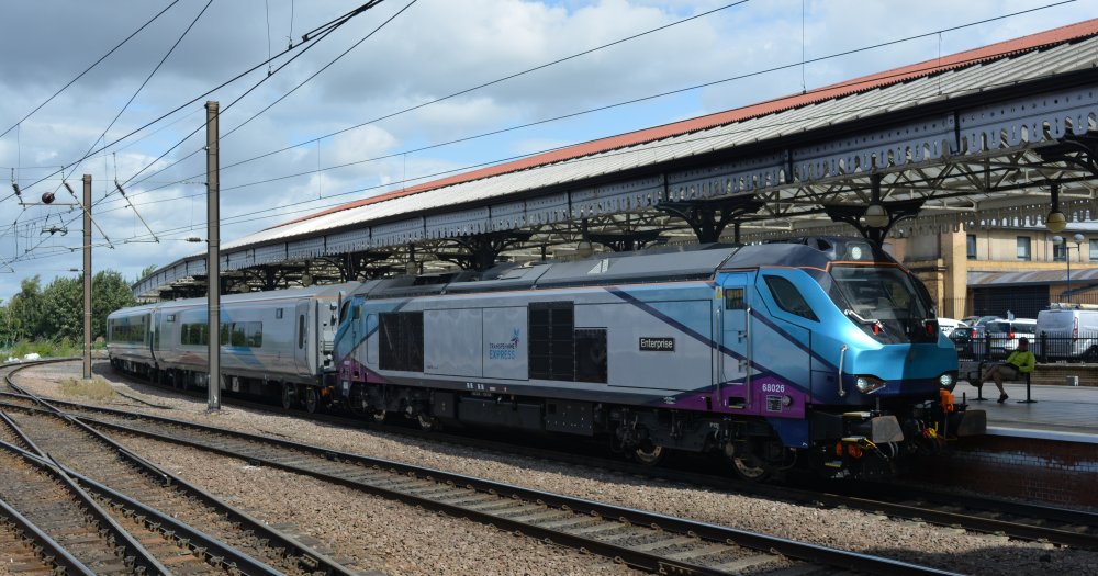 Class 68 diesel locomotive 68026 Enterprise with TransPennine Express Mk5a coaches, York station