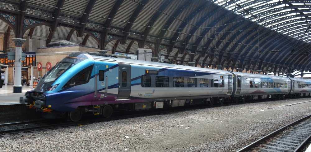 Driving van trailer DVT DT Transpennine Express Mk5a coaches with Class 68 diesel locomotive, York station