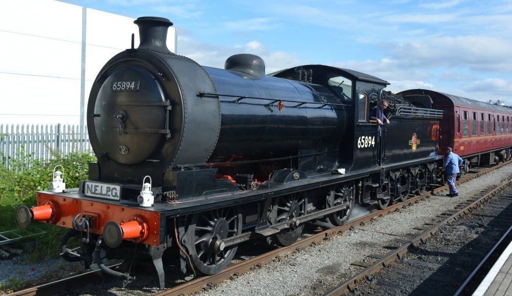 J27 65894 LNER 5894 P3 NER 2392 Worsdell steam locomotive, getting the train ready at Leeming Bar for Redmire, Wensleydale Railway