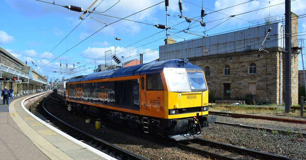 Newcastle station GBRf Class 60 diesel locomotive 60021 biomass freight train