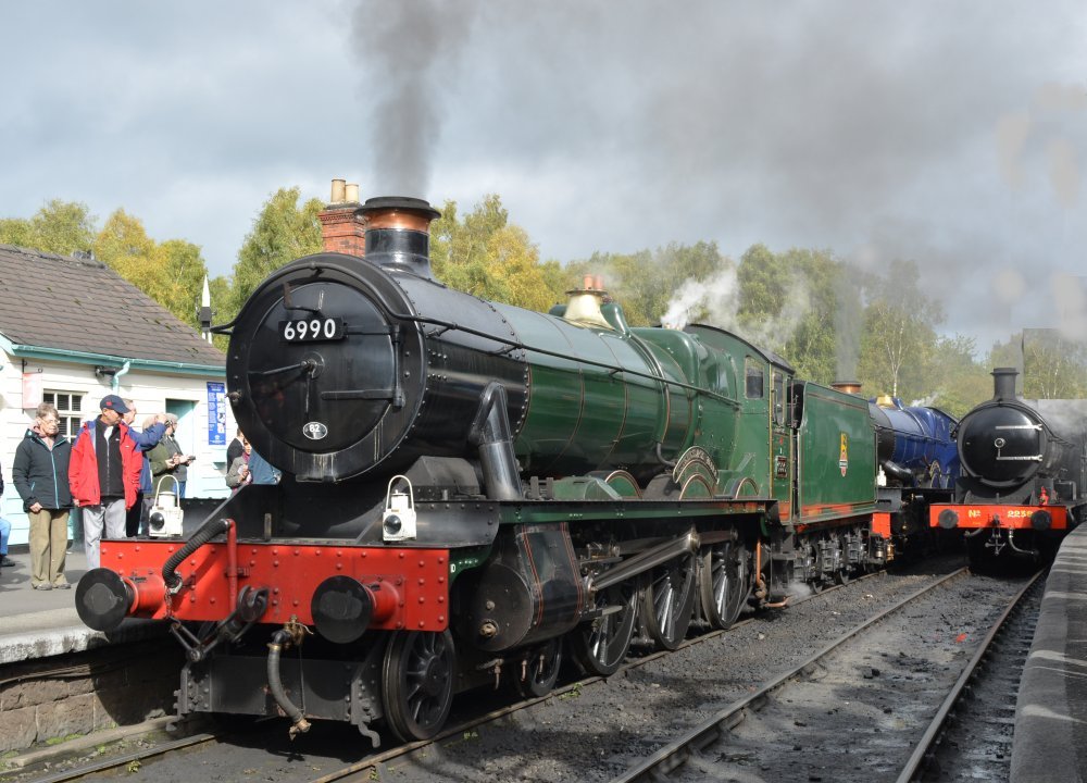 Portrait of 6990 Witherslack Hall GWR Modified Hall steam locomotive NYMR Grosmont station