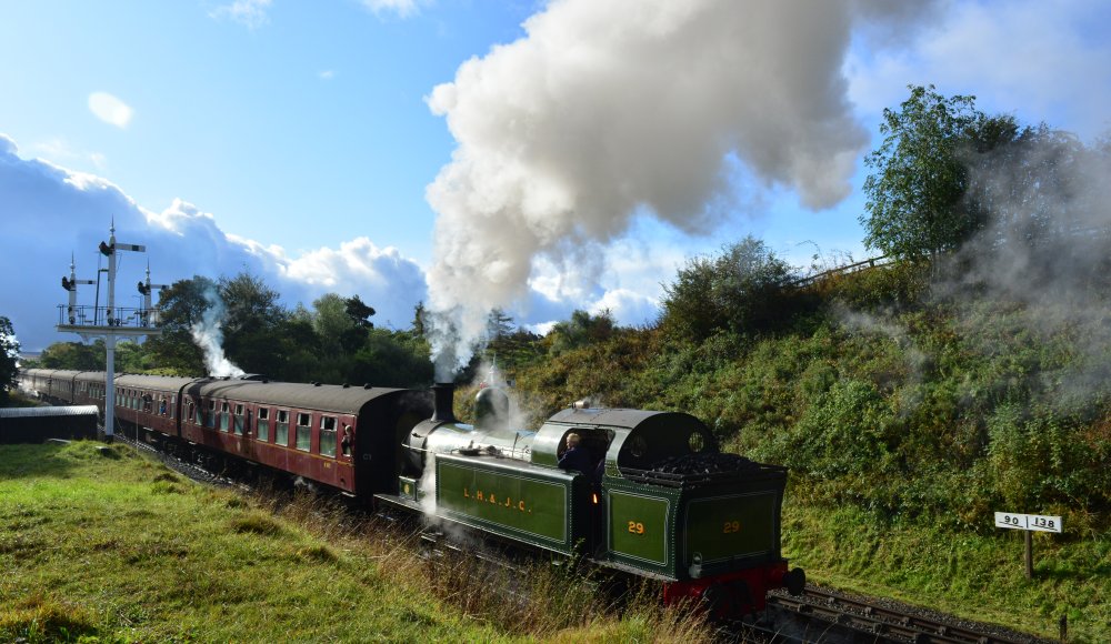 acting as banker leaving Goathland station NYMR Lambton Tank engine No 29