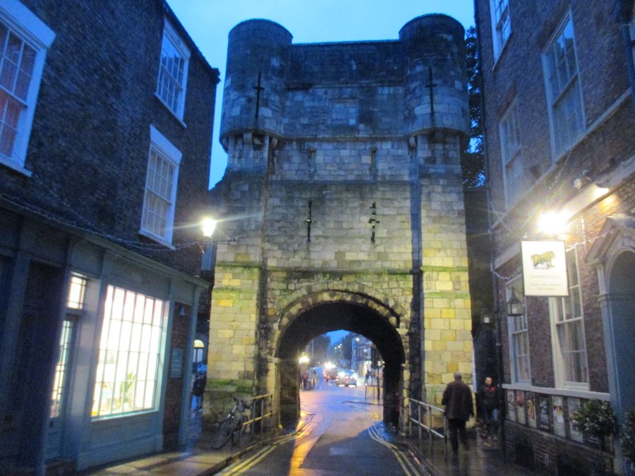 York's atmospheric Bootham Bar gateway at night