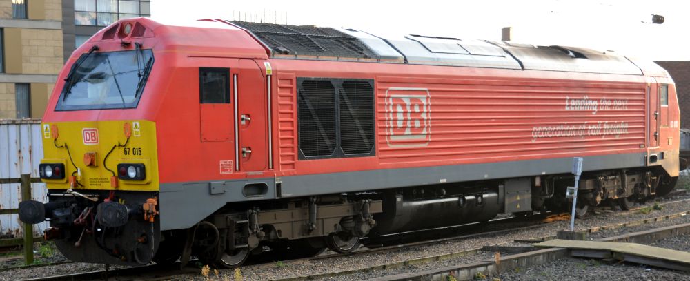 Thunderbird duty, Class 67 diesel 67015 in red DB livery Newcastle station 2020