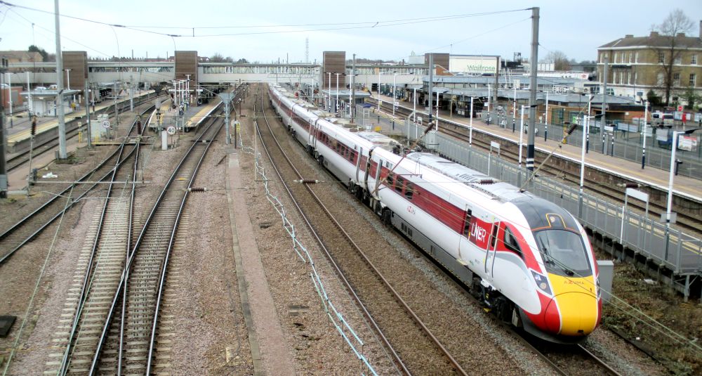 trainspotting at Peterborough Class 801 EMU with an LNER Azuma service from Leeds to London Kings Cross